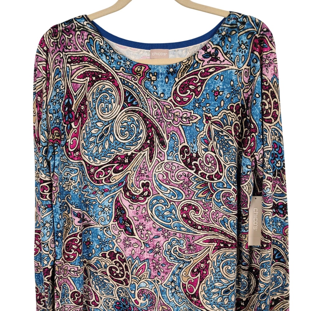 NWT Chico's Womens SZ L Multi Scroll Bateau Pullover Sweater Multicolor Paisley